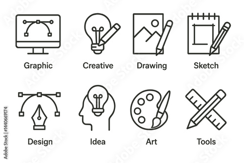 Creative graphic design tools and icons representing artistic activities for designers and artists