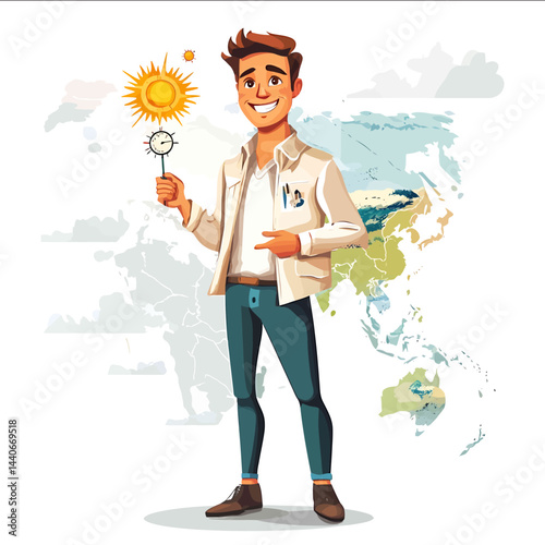 Vector caricature depicting a guy meteorologist standing fulllength on the background of a geographical map The guy has a smile on his face and stylish clothes In her hands she holds