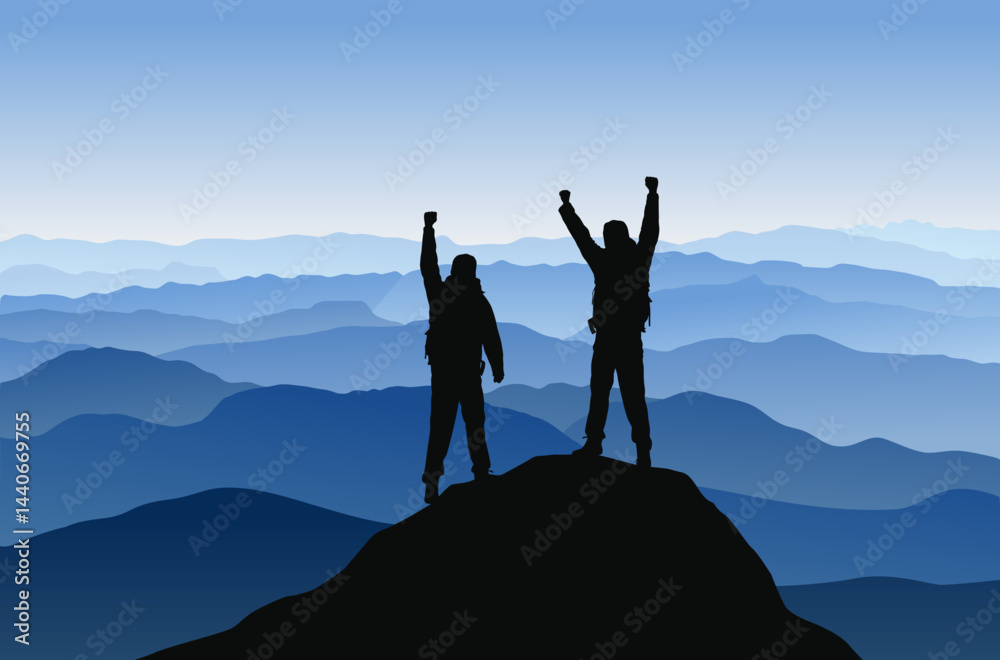 Fototapeta premium Beautiful blue vector landscape with hikers on top of mountain doing victory pose and looking at view. Achieving goals.