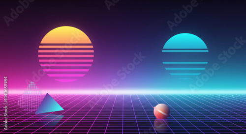 Dual Sunset: Retrowave Geometry and Colorful Reflectionsм