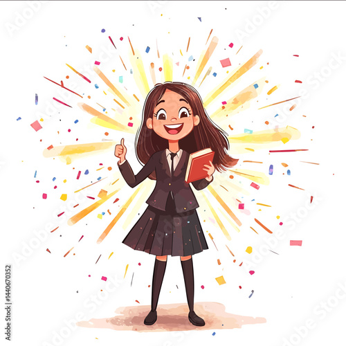 Vector illustration in cartoon bright watercolor style depicting a joyful student standing in full height The girl with beautiful open eyes with a wide smile shows with one hand a si