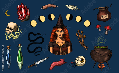 Big collection of wizardry elements for magic rituals or tarot deck, book, cat hand Witch with stone of prediction. Halloween witchcraft and sorcery things magician and voodoo hand drawn engraved 