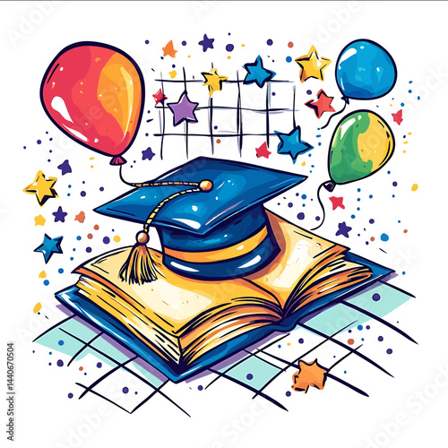 Vector illustration depicting a square hat of a graduate lying on a book on the background of a school white sheet in a checkerboard The hat and the book are made in bright colors cr