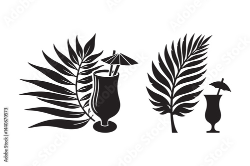 Tropical Drink and Palm Leaf Silhouette Bundle Summer Beach Vector Clipart