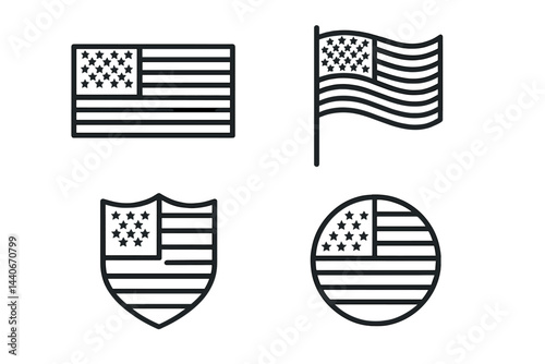 Various simplified designs of the United States flag displayed in different formats and shapes