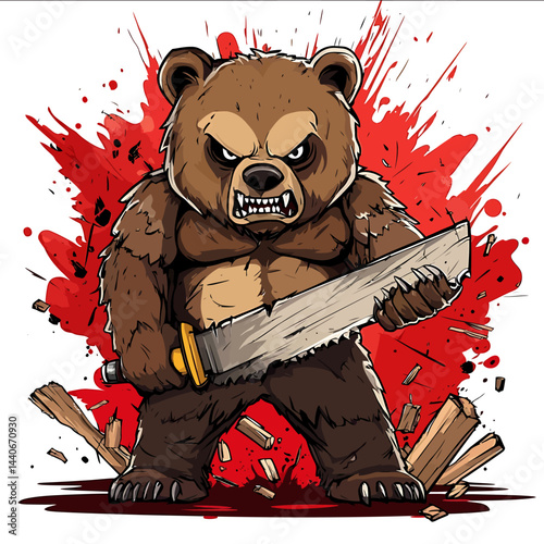 Vector illustration of an angry cartoon bear standing with a saw in its hands The bear looks furious with furrowed brows and a fierce expression In the background there are red splas