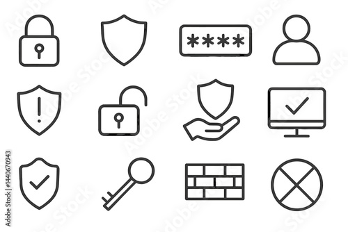 Security icons representing password protection, user authentication, and data privacy measures for digital safety