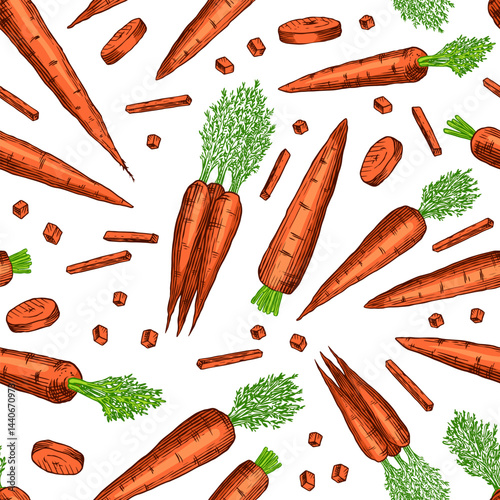 Carrots hand drawn seamless pattern with fresh vegetables in old vintage style for packaging or product design. Engraved 