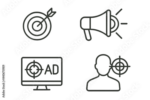 Graphic symbols showcasing target marketing and advertising concepts in a minimalist design