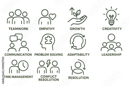 Diverse icons representing teamwork, empathy, and leadership skills for personal and professional growth