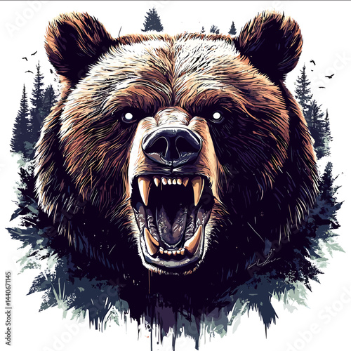 Vector illustration of an angry bears face depicted in closeup The bear has a fierce expression with bright expressive eyes and bared teeth In the background there is a forest with t