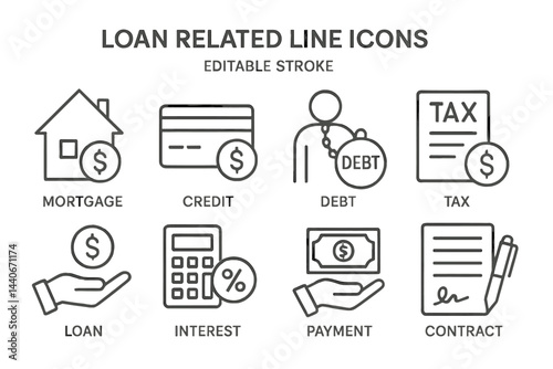 Loan related line icons showcasing various financial concepts including mortgage, credit, and payment methods in a clean design