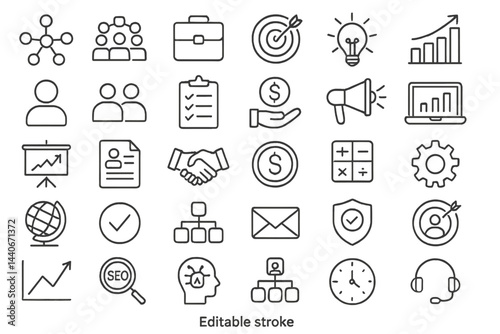 Various business and productivity icons representing teamwork, finance, and strategy concepts for modern enterprises