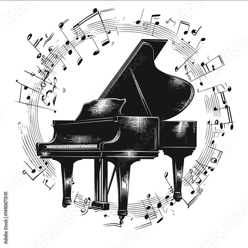 Vector illustration of a piano standing against a backdrop of notes arranged in a circle around the instrument The piano is depicted in a classic style standing out against the notes