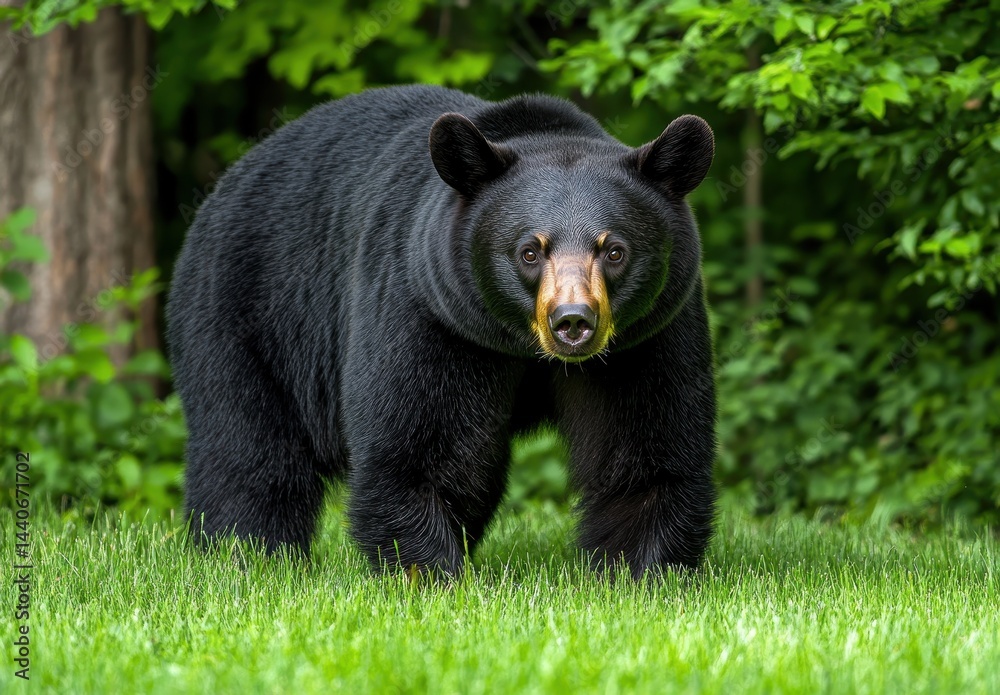 Fototapeta premium Majestic Black Bear Standing on Green Grass Surrounded by Lush Forest Offering a Glimpse into the Wild Nature of North American Wildlife in Natural Habitat