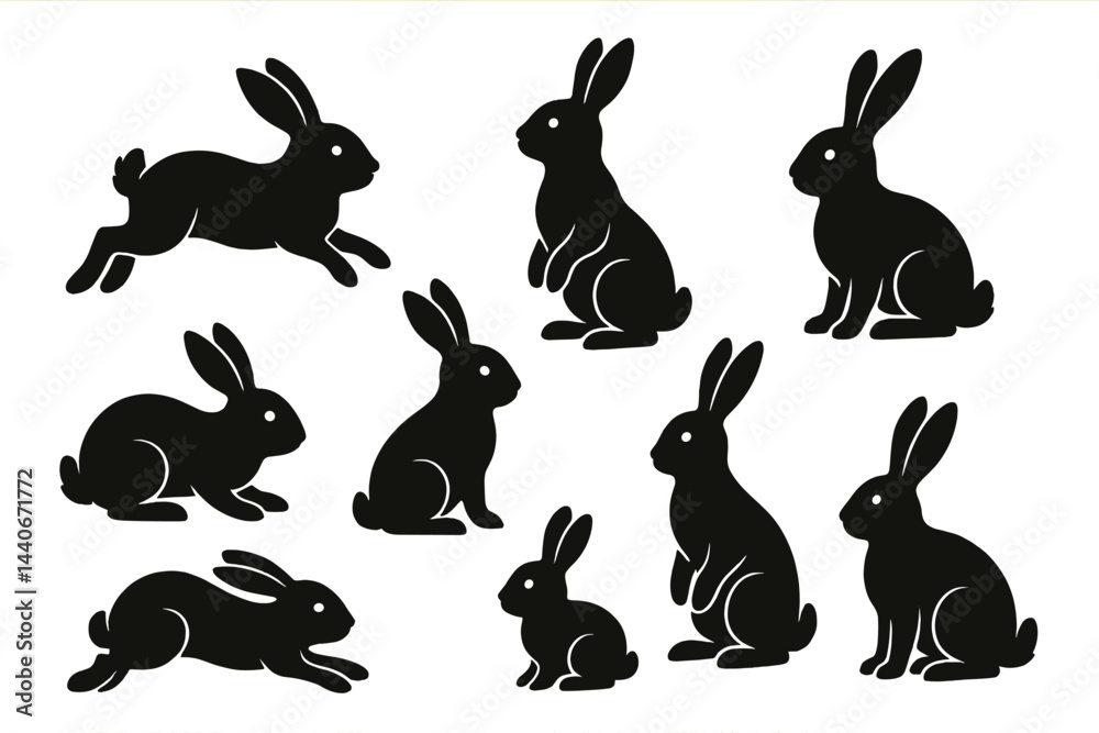 Fototapeta premium Various silhouettes of rabbits in different poses and sizes against a plain background perfect for artistic designs