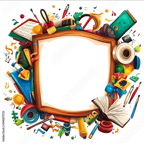 Vector cartoonrealistic illustration of a frame for a cultural worker holiday designed in a bright and festive style The frame includes elements symbolizing culture and art such as m
