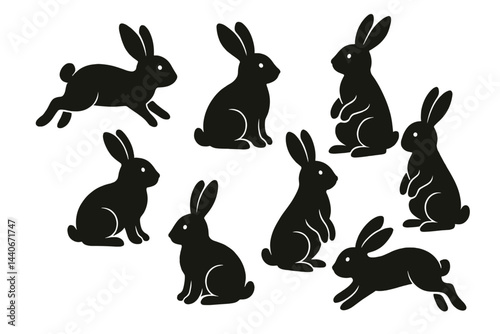 Various silhouettes of rabbits in different poses showcasing their playful nature and gracefulness in a stylized design