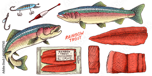 Rainbow trout collection with fish package and chunk of meat.River fishing elements and filet, salmon or other sea food fishing tackle and hook, bobber 