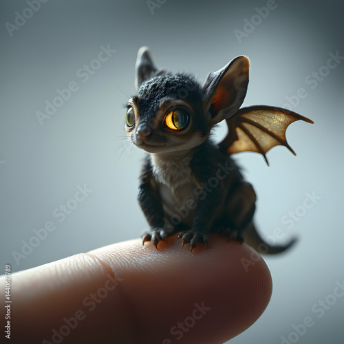 Tiny adorable fantasy creature with wings sitting on fingertip in whimsical soft light