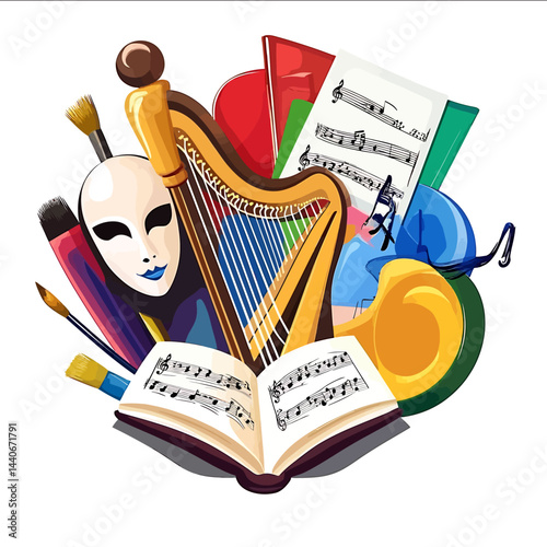 vector theater mask logo harp palette with brushes sheet music book all arranged beautifully together in a circle main background white