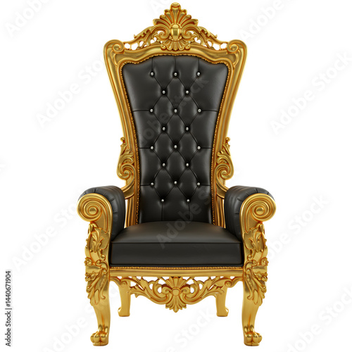 Ornate golden throne chair with luxurious black leather upholstery