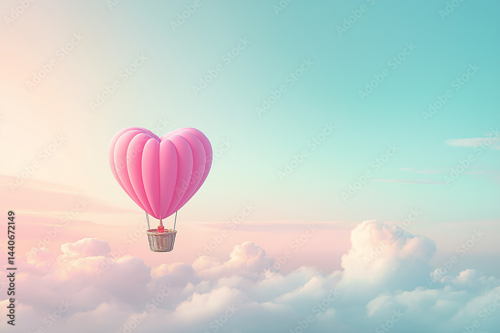 Fototapeta premium A balloon in the shape of a heart floating in the sky, drifting among the clouds, bringing joy and optimism.