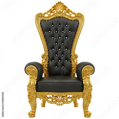 Opulent royal throne with gold embellishments and black leather upholstery