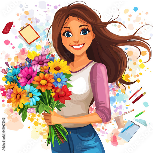 Vector woman standing with a bouquet of bright flowers in cartoonrealistic style She is depicted with a bright smile and energetic expression dressed in stylish clothes in the backgr