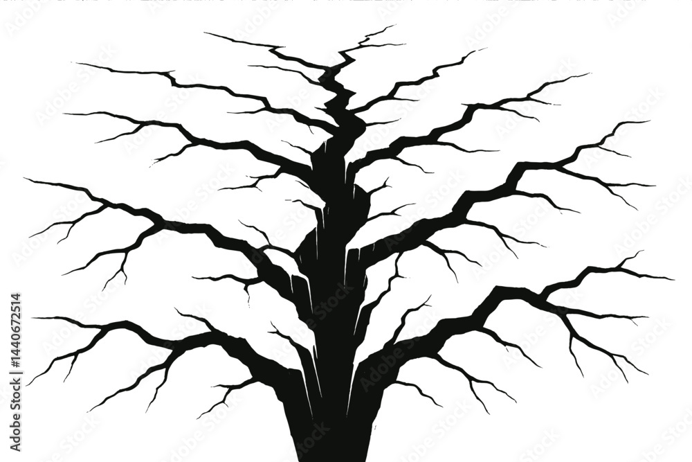 Obraz premium Dark and intricate silhouette of a barren tree with twisting branches against a white background creates a haunting atmosphere