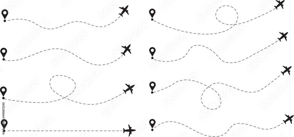 Airplane line path routes. Travel from start point and location dotted line tracing. Plane routes flight air dotted. Aircraft route dotted lines. Plane and track icon on a white background. Airplane line path routes. Travel from start point and location dotted line tracing. Plane routes flight air dotted. Aircraft route dotted lines. Plane and track icon on a white background.