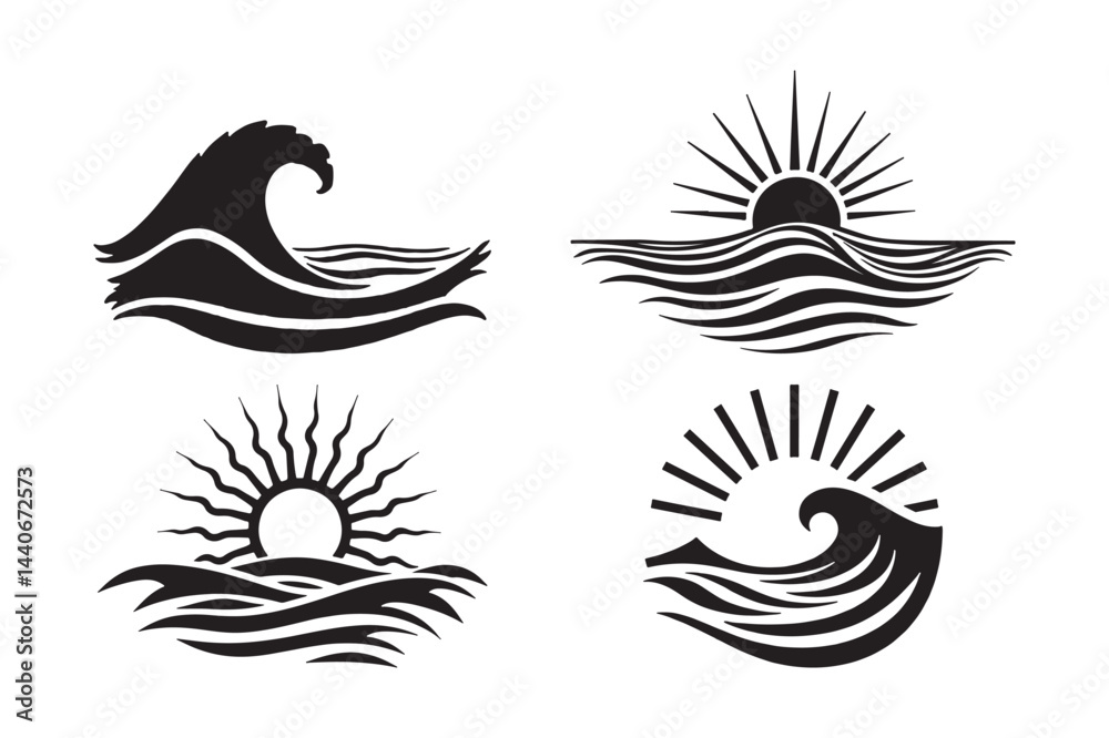 Fototapeta premium Sun and Wave Silhouette Clipart Ocean Sunset Vector Art for Designs