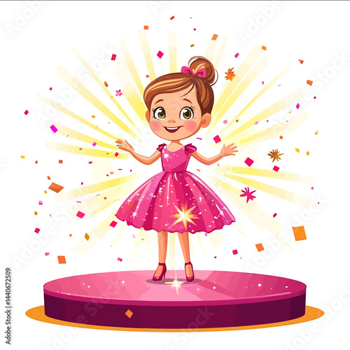 Vector illustration in cartoon bright style depicting a little girl standing on a stage she has open beautiful eyes she is dressed in a beautiful theatrical bright pink dress and wit
