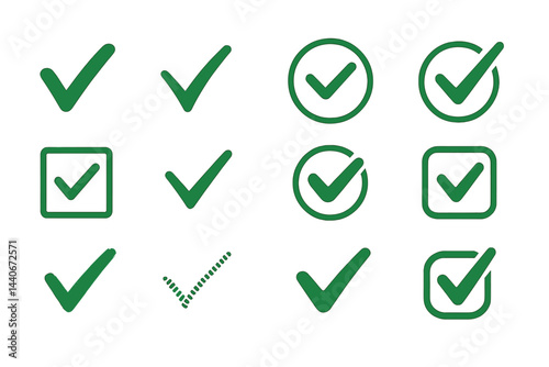 Variety of green checkmark symbols indicating approval in various designs and styles