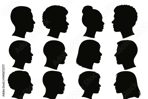 Silhouettes of diverse human profiles in various hairstyles and poses against a plain background