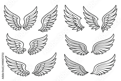 Various wing designs in black and white showcasing different styles and shapes for artistic inspiration and drawing reference