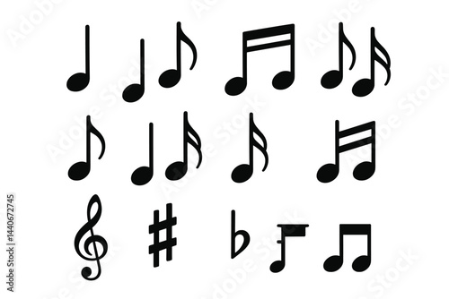 Various musical notes and symbols arranged in a dynamic pattern for artistic representation and design purposes
