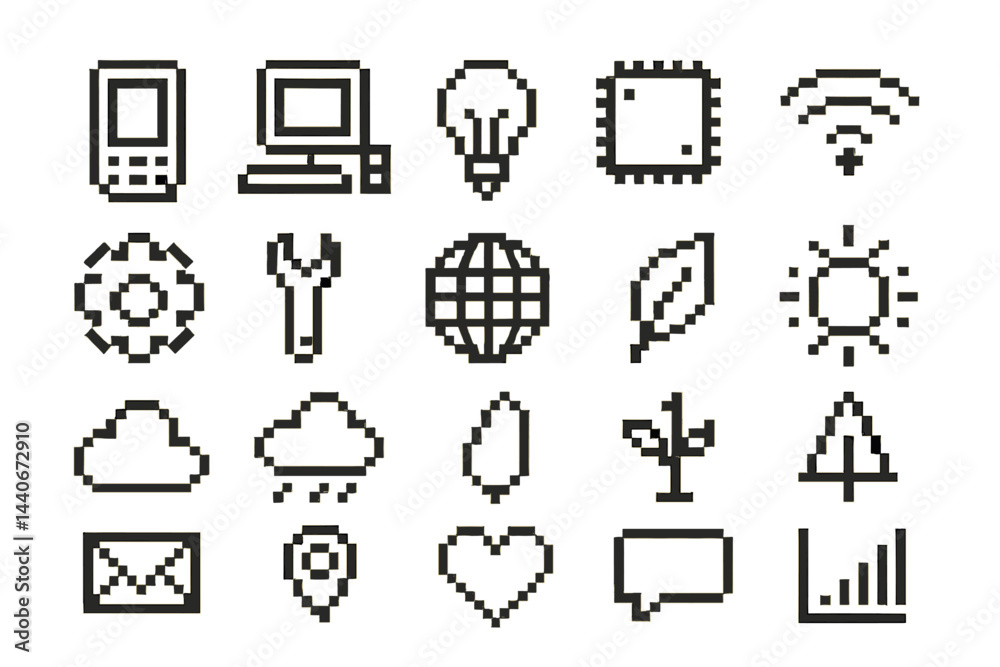 Collection of pixel art icons representing technology and nature in a modern design style
