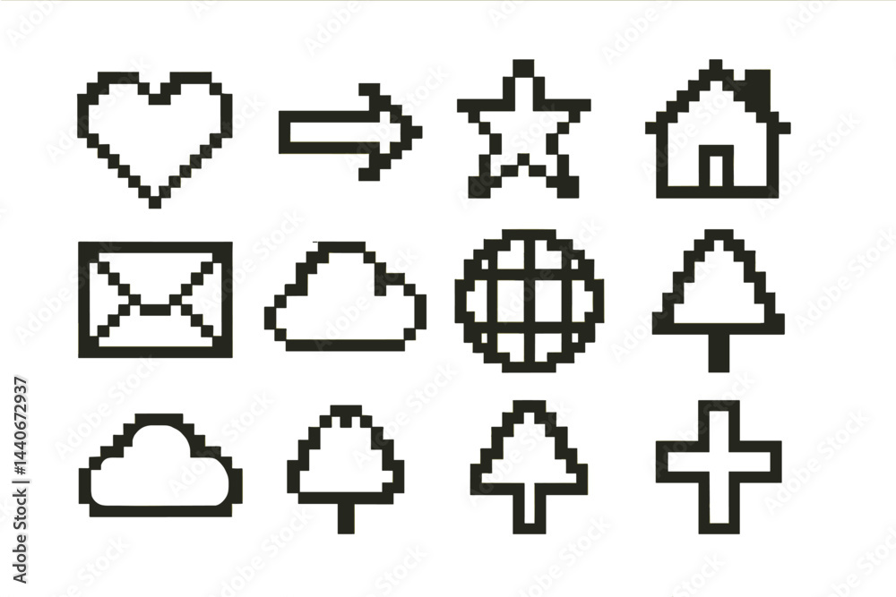 Pixel art icons featuring hearts, arrows, stars, houses, clouds, and trees on a simple background