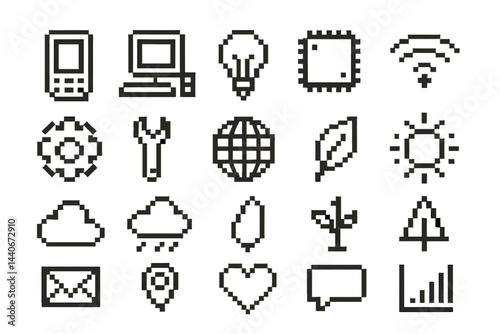 Collection of pixel art icons representing technology and nature in a modern design style
