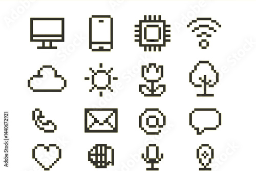 Vintage pixel art depicting technology and nature symbols representing connectivity and communication in digital style