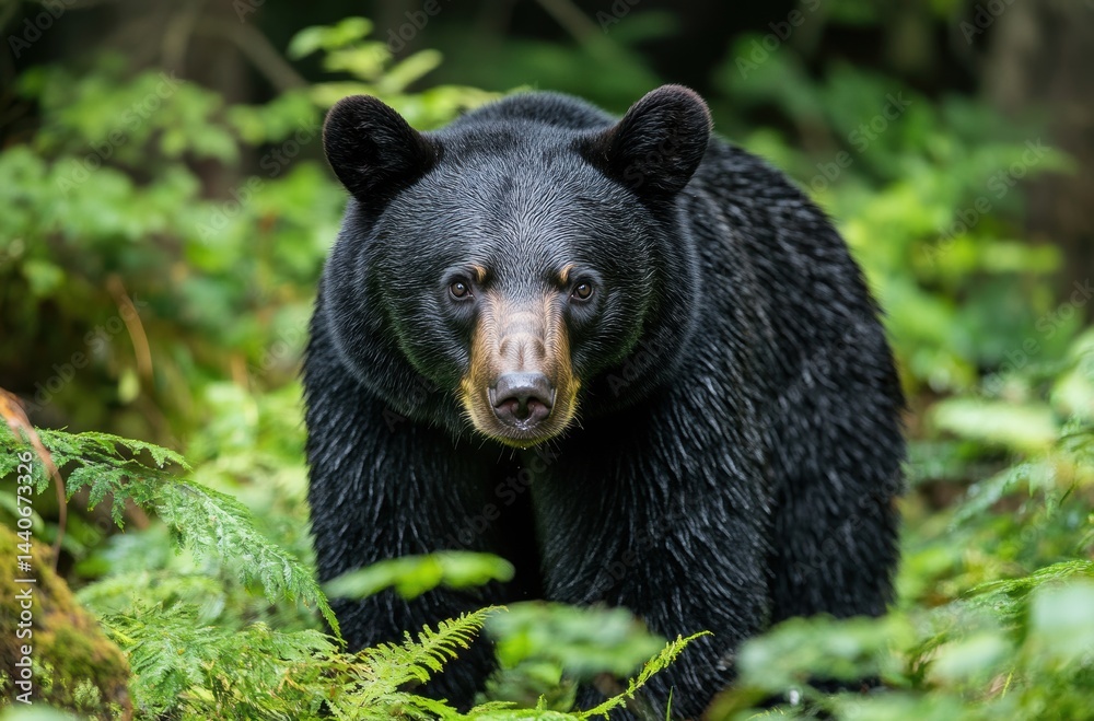 Majestic Black Bear Strolling Through Lush Green Forest Foliage in the Wild, Capturing Nature's Beauty and Wilderness Essence Majestic Black Bear Strolling Through Lush Green Forest Foliage in the Wild, Capturing Nature's Beauty and Wilderness Essence