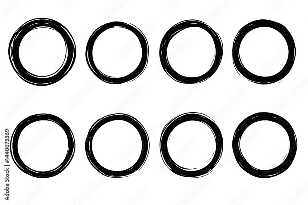 Black rings arranged in two rows on a white background showcase simple yet captivating designs that emphasize minimalism Black rings arranged in two rows on a white background showcase simple yet captivating designs that emphasize minimalism
