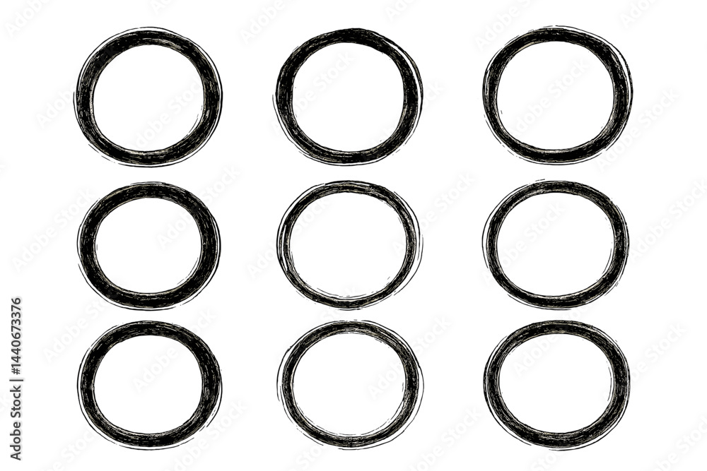 Multiple hand-drawn circles arranged in a grid pattern on a plain background for artistic purposes and design inspiration