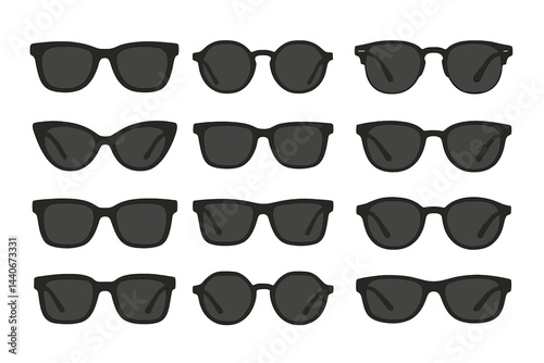 Diverse collection of stylish black sunglasses arranged in a grid on a light background