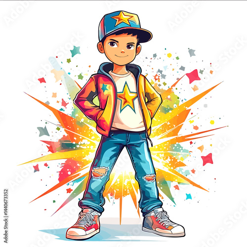 Vector illustration of a super cool star boy dressed in modern stylish clothes he is wearing a fashionable cap fashionable jeans with stylish cuts and a jacket with a bright star pri