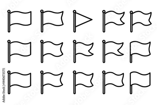 Collection of simple line-drawn flags arranged in a grid pattern with various orientations and sizes