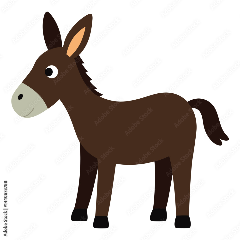 Fototapeta premium Cartoon brown donkey vector illustration simple design animal farm character isolated