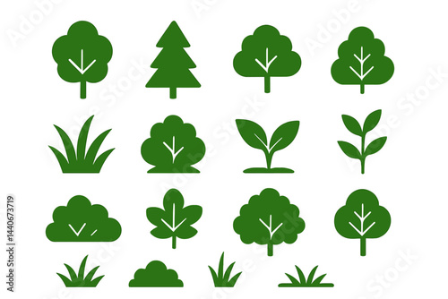 Collection of various green tree and plant icons representing nature and environment