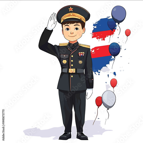 Cartoonstyle vector illustration depicting a boy cadet standing fulllength and saluting with his right hand on a tattered white blue red Russian flag background creates a patriotic a